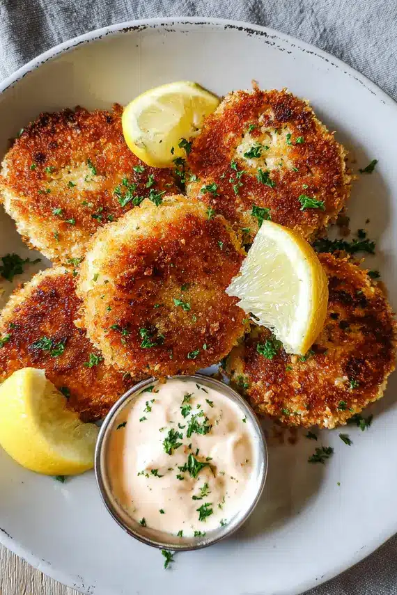 Air fryer fish cakes served with fresh salad and lemon wedges