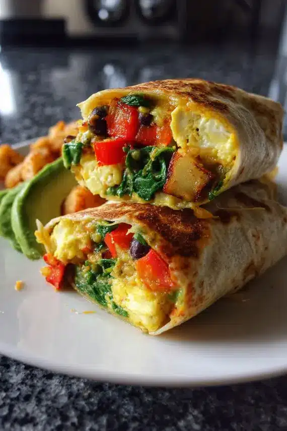 Healthy morning wraps arranged on a serving platter with avocado and lime wedges on the side