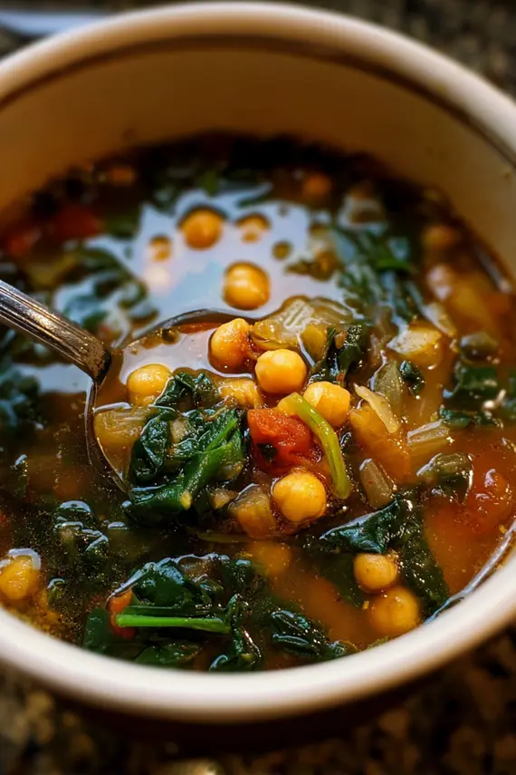 Chickpea Swiss Chard Soup in a rustic bowl with a side of crusty bread and garnished with fresh herbs