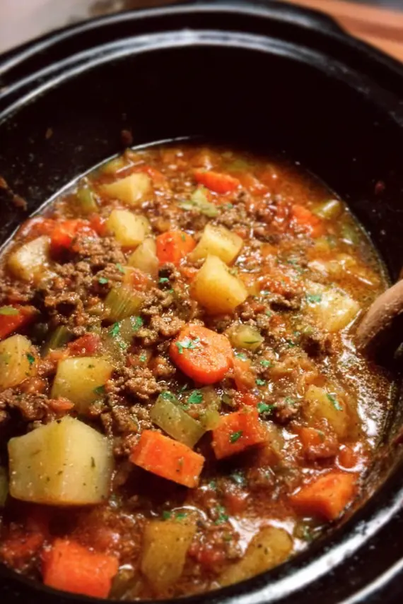 Bowl of hearty ground beef stew served with crusty bread and fresh herbs