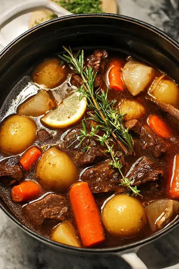 Delicious herb beef braise in a pot with steam rising and fresh herbs scattered around