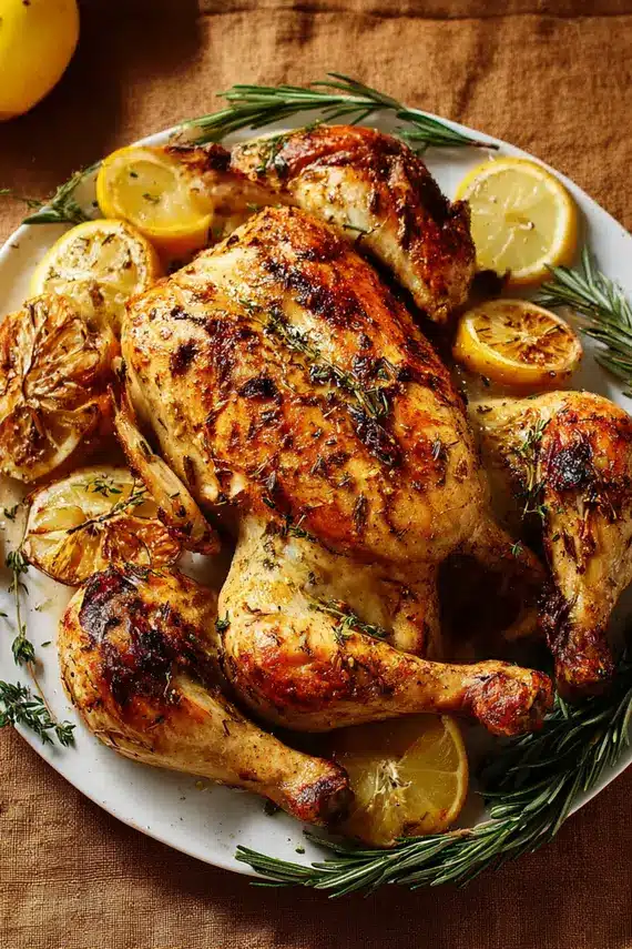 Sliced herb roasted chicken arranged on a serving platter with fresh herbs and roasted vegetables