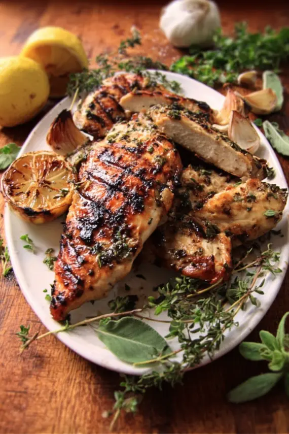 Herb marinated chicken served with fresh vegetables and lemon wedges