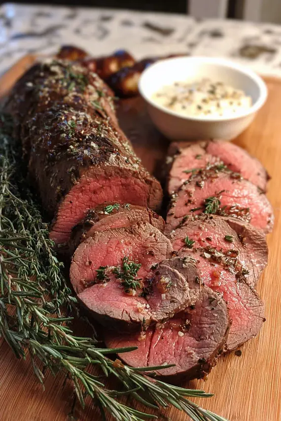 Perfectly cooked herb roasted beef tenderloin sliced to show pink interior with herb crust