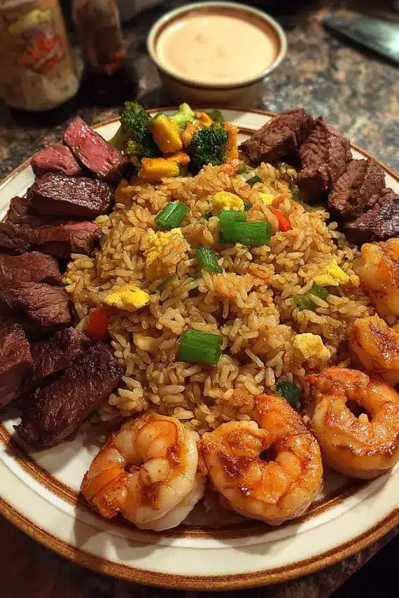 Hibachi steak and shrimp fried rice with vibrant vegetables in a wok