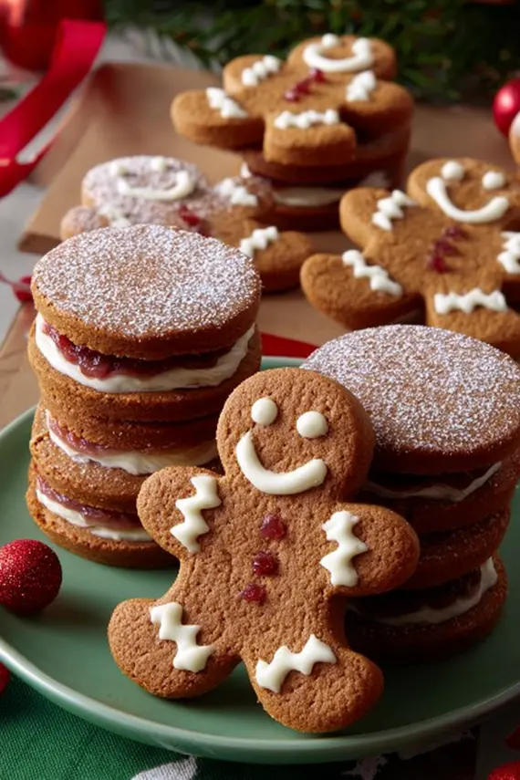 Freshly baked gingerbread men sandwich cookies with cream cheese filling