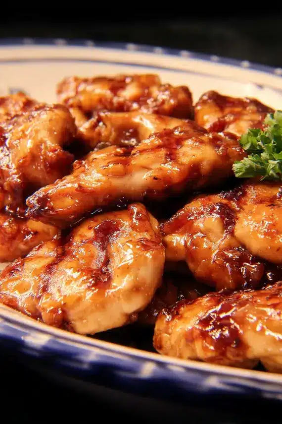 Honey apple glazed chicken served on a plate with roasted vegetables and fresh herbs