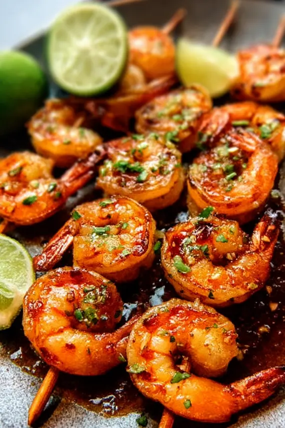 Grilled sticky honey lime shrimp on skewers with lime wedges and cilantro garnish