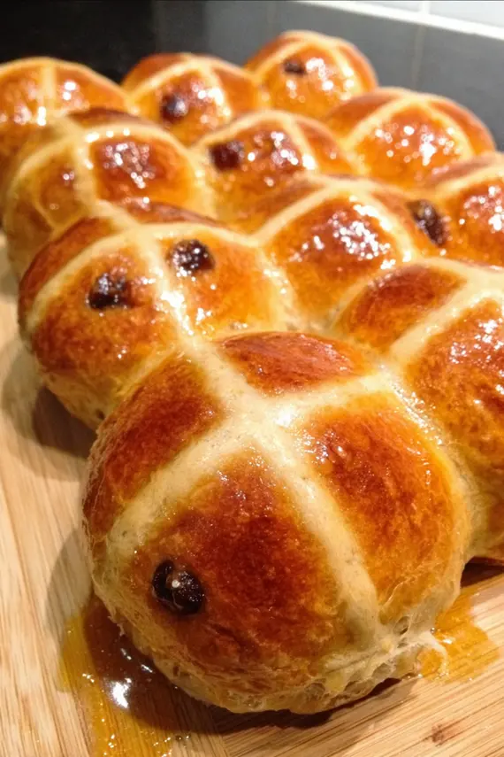Freshly baked hot cross buns with perfect golden tops and glossy finish