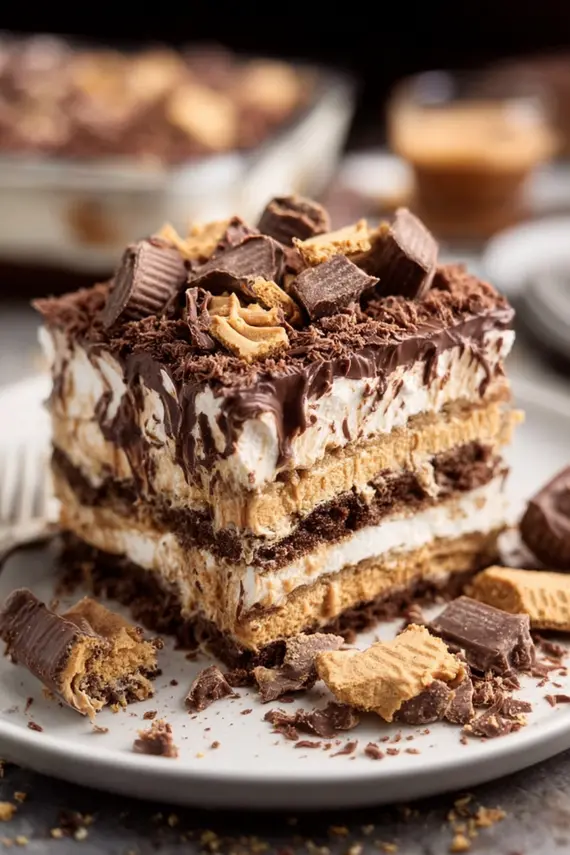 Sliced peanut butter icebox cake showing layers on a serving plate
