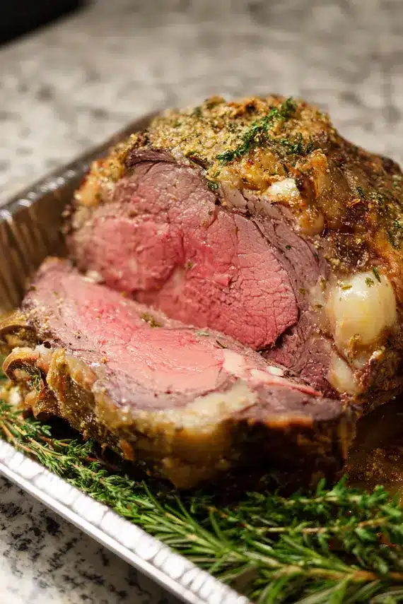 Perfectly cooked instant pot prime rib with rosemary garnish