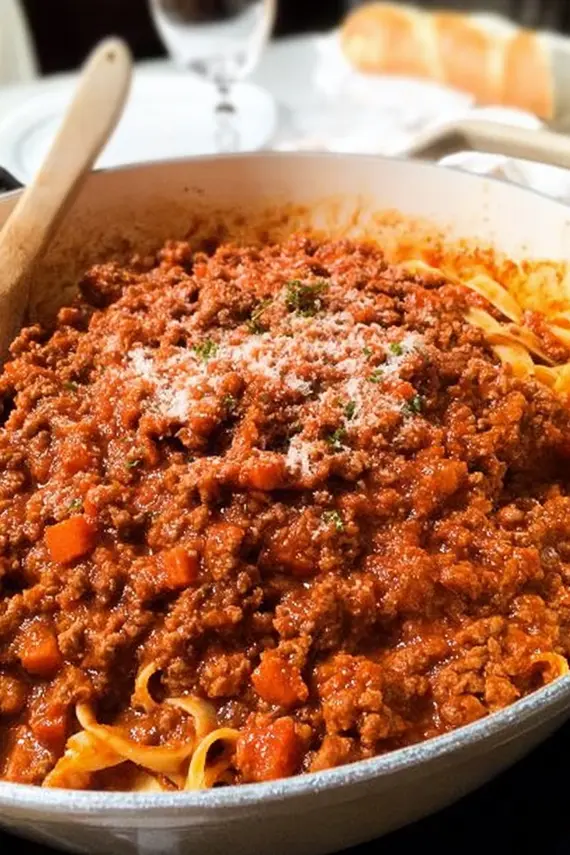 Secret authentic Italian bolognese sauce being prepared in a pot