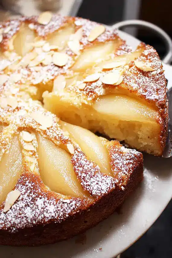Sliced Italian pear cake served on a decorative plate with a dusting of powdered sugar