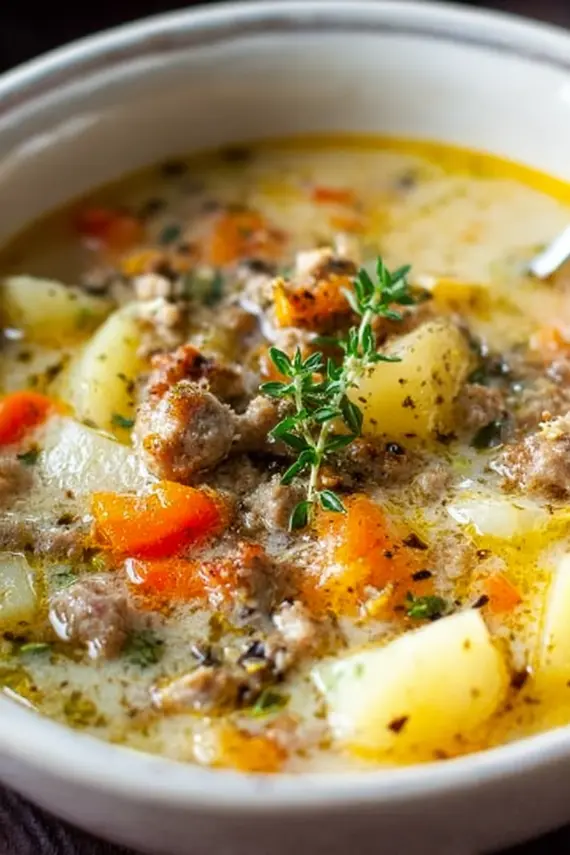 Creamy Italian Sausage Potato Soup with fresh herbs garnish in a white bowl