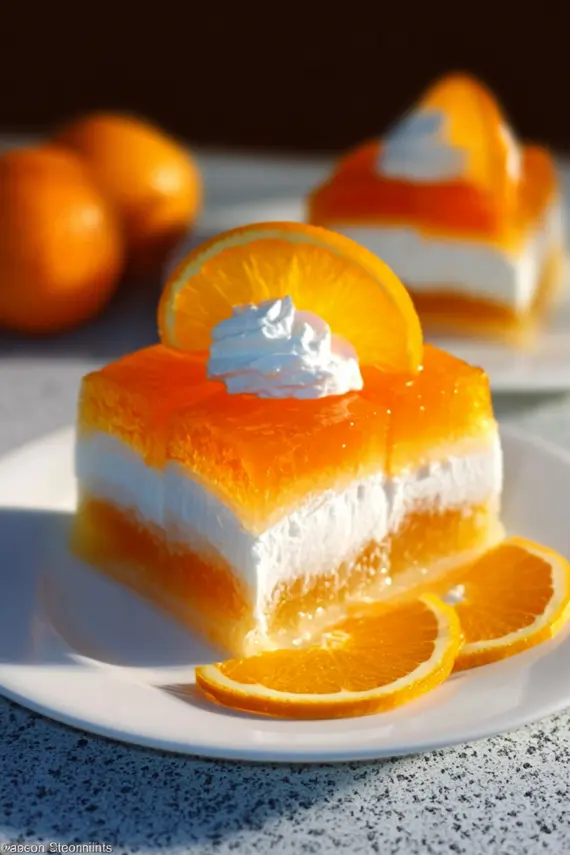 Orange jello cake with whipped cream topping