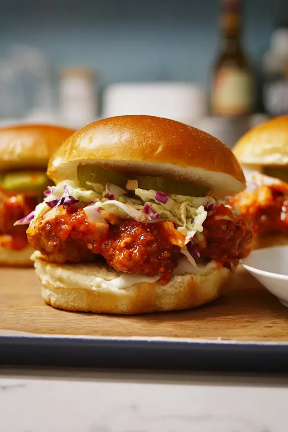 Fresh kimchi slaw in a white bowl next to assembled Korean chicken burgers with colorful vegetables