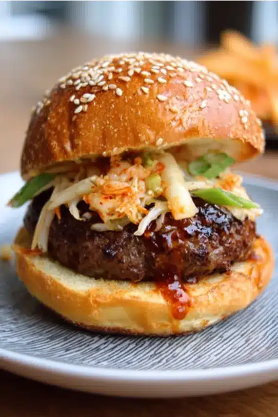 Korean BBQ sauce being brushed onto beef patties