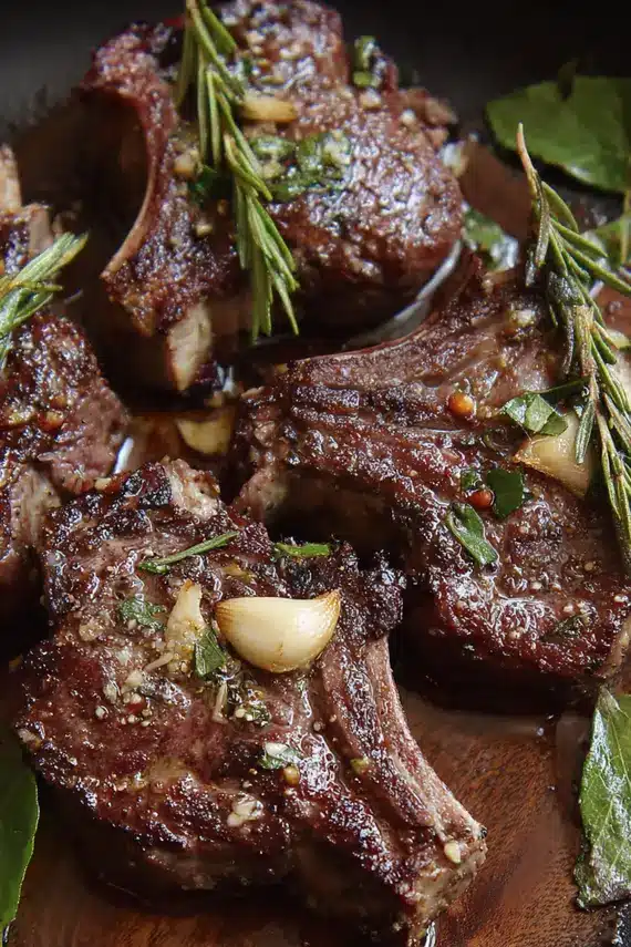 Perfectly cooked garlic butter lamb chops on a serving plate with fresh herbs