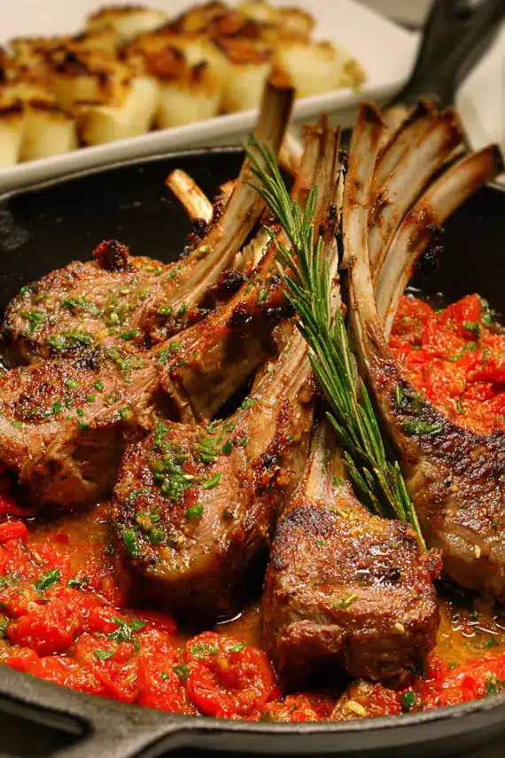 Lamb Rack with Coconut Tomato Sauce plated beautifully with garnishes