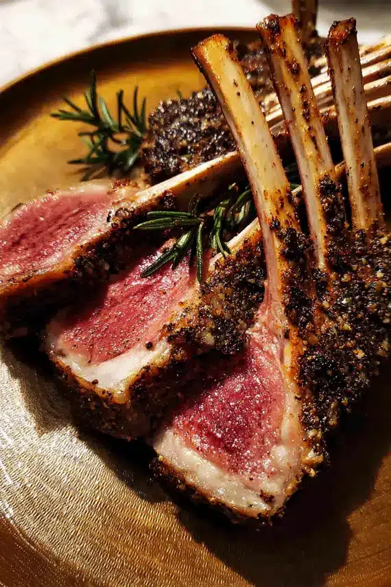 Perfectly seasoned lamb rack with aromatic spices ready to be roasted