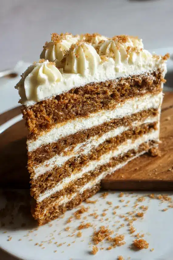 Layered spice cake beautifully presented on a cake stand with a slice removed showing the perfect layers