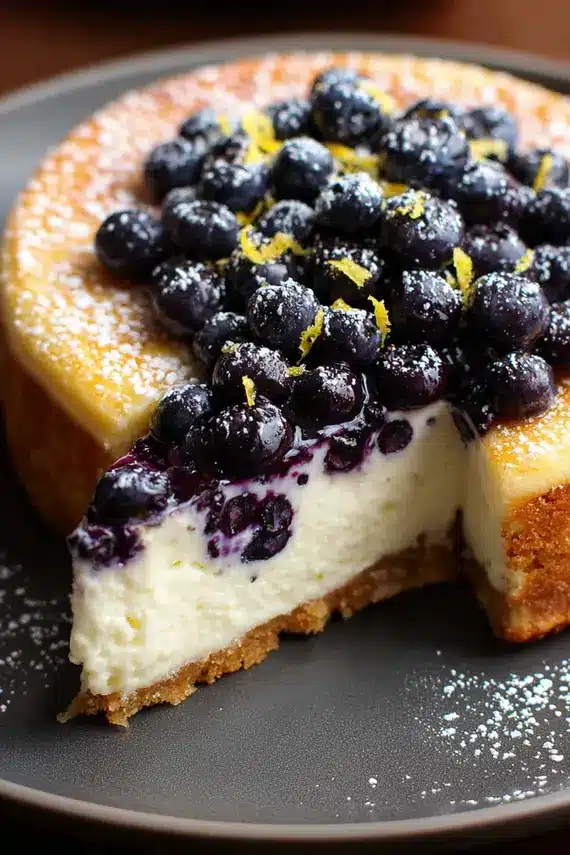 Slice of lemon blueberry ricotta cheesecake on a plate with fresh berries