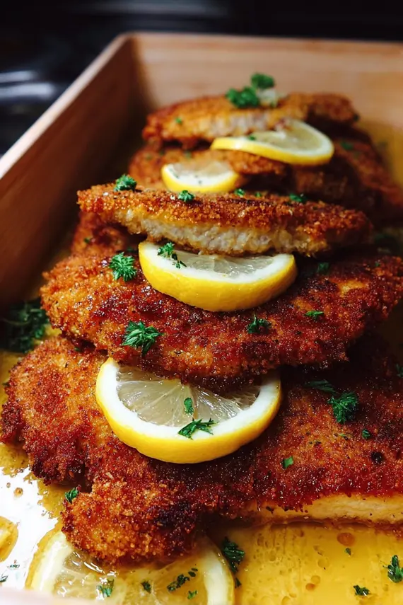 Lemon butter sauce being poured over crispy golden chicken cutlets in a skillet