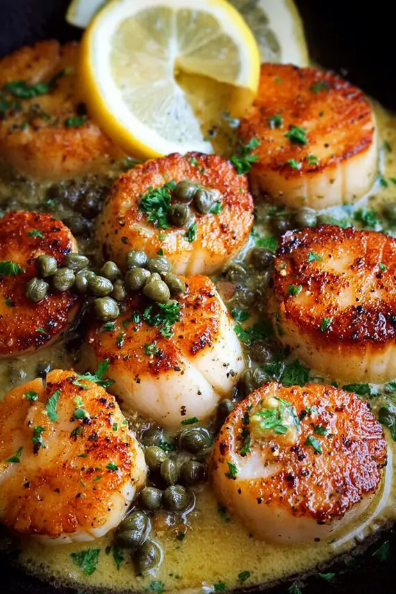 Close-up of lemon caper butter sauce being spooned over perfectly seared scallops