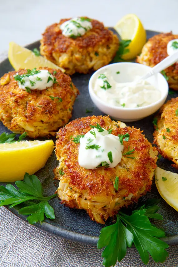 Creamy lemon crab cake dip in a white dish surrounded by crackers and fresh vegetables for dipping