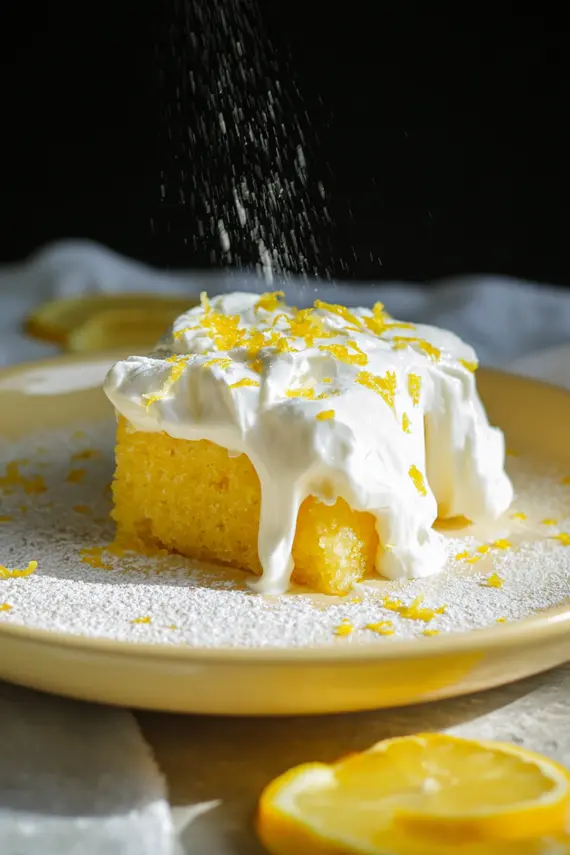 Slices of frosted lemon jello cake arranged on a serving platter