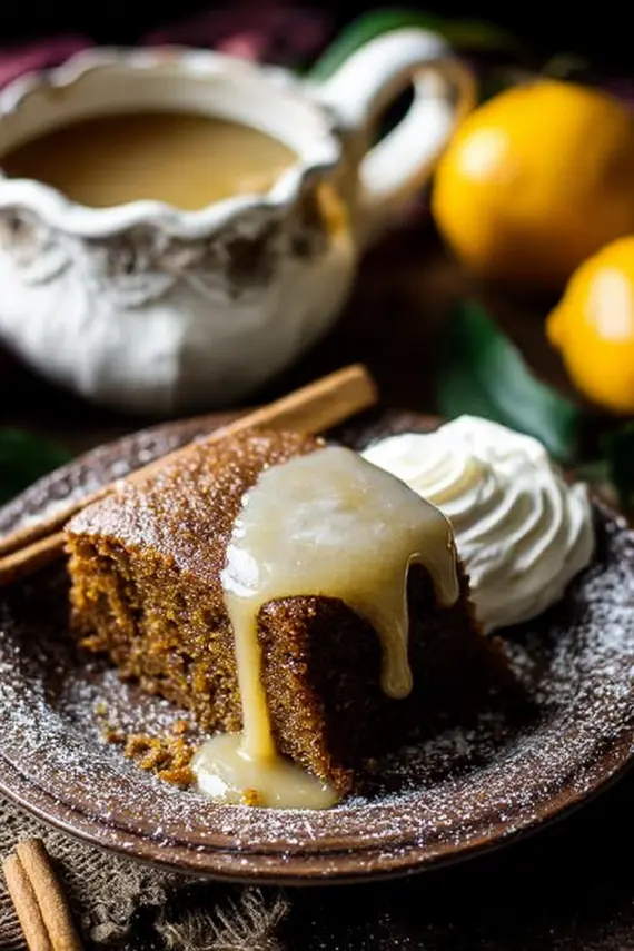 Close-up of golden lemon sauce being poured over a thick slice of dark gingerbread cake