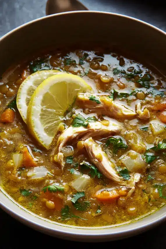 Lemon Chicken Lentil Soup in a white bowl with a spoon