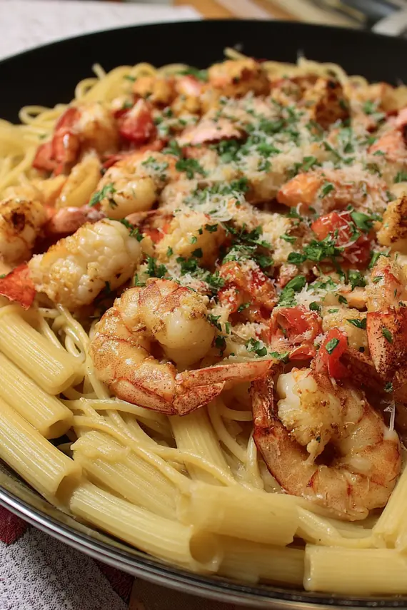 Close-up of lobster butter sauce being poured over spaghetti with shrimp
