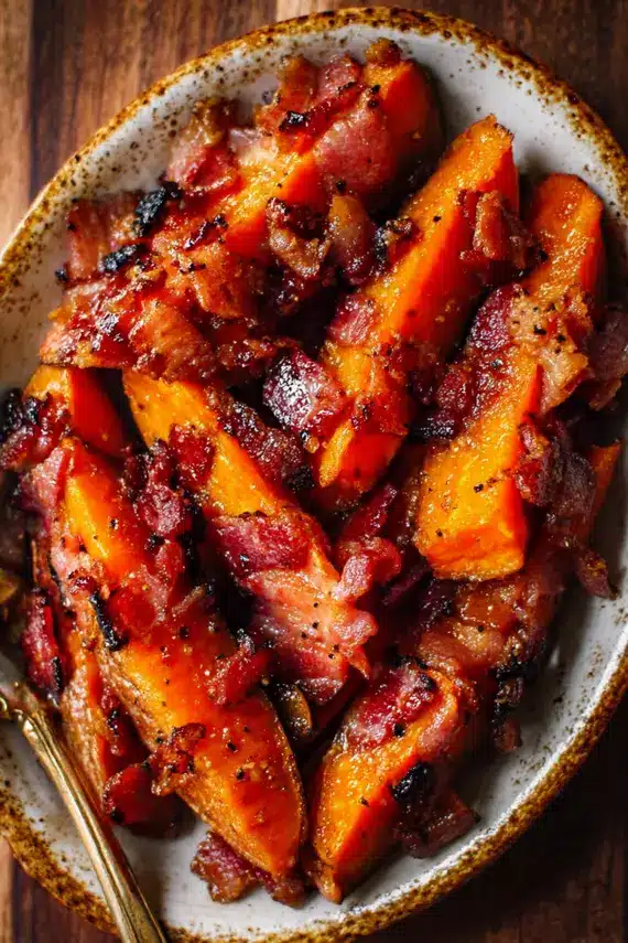 Close-up of maple glazed sweet potatoes with crispy bacon bits and fresh herbs garnish