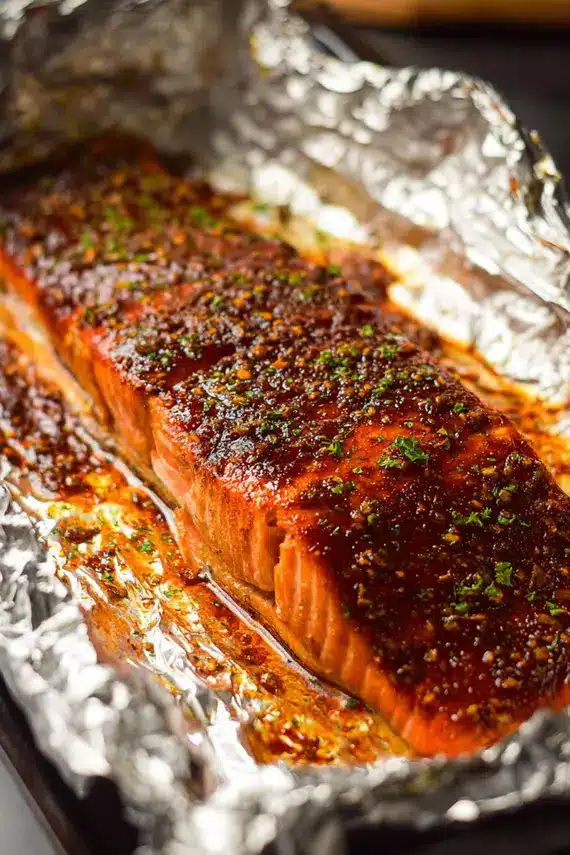 Maple glazed salmon foil packets fresh from the oven, showing the glistening glaze and perfectly cooked salmon