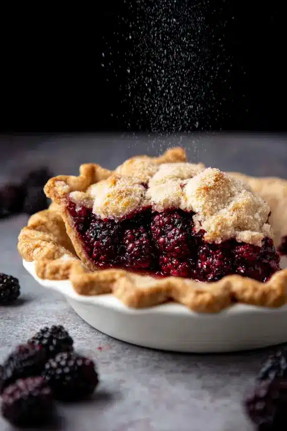 Slice of blackberry marionberry pie served with a scoop of vanilla ice cream