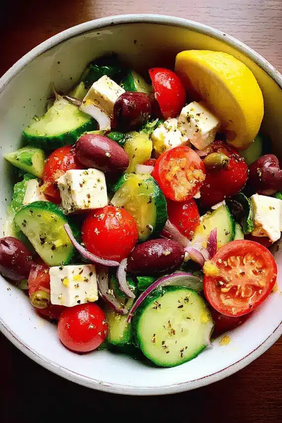 Freshly prepared Greek Salad with Lemon Vinaigrette showing vibrant vegetables and feta cheese