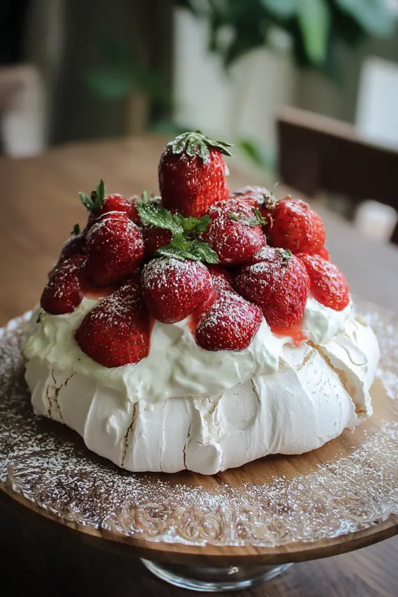 Perfect pavlova with strawberries showing crisp meringue base topped with whipped cream and fresh strawberries