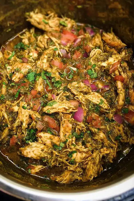 Mexican Poblano Instant Pot Chicken served with rice and garnishes