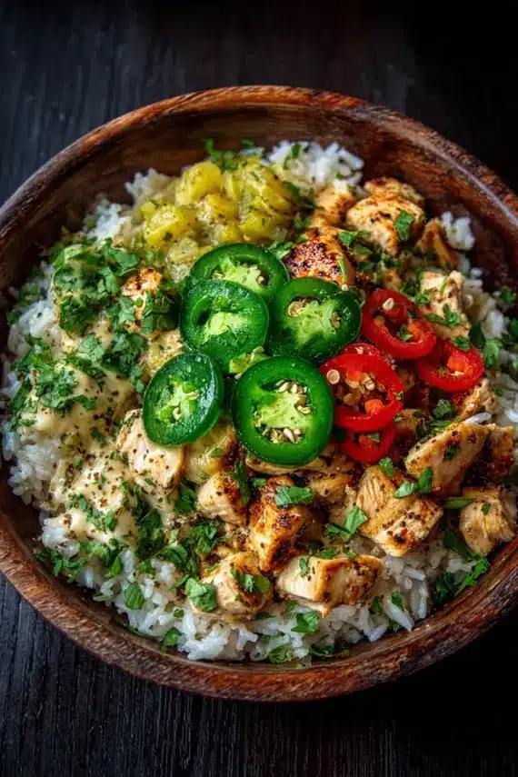 Jalapeño Chicken Rice Bowls with various toppings