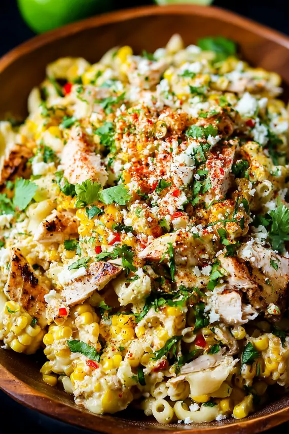 Mexican street corn salad with grilled elote corn and chicken on a plate