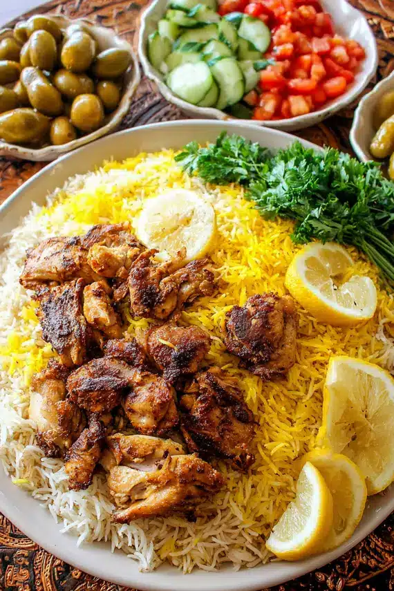 Fragrant middle eastern rice garnished with herbs and nuts in a decorative bowl
