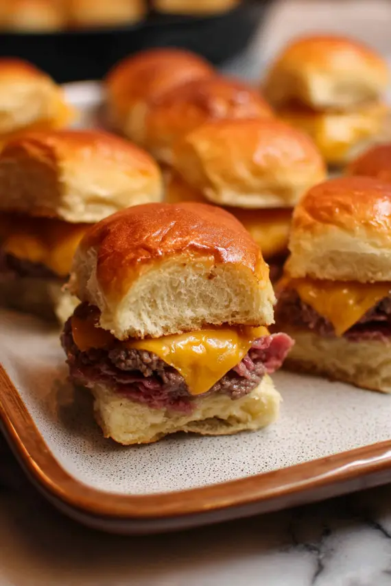 A tray of mini burgers with various toppings