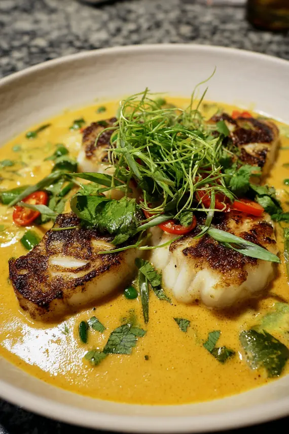 Sea Bass in Miso Coconut Sauce in a skillet showing the creamy sauce and perfectly cooked fish