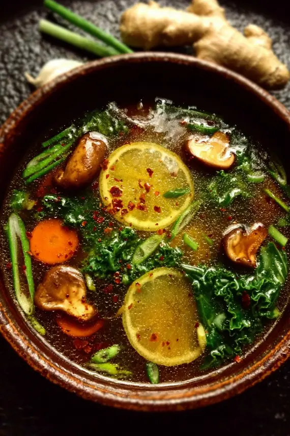 Steaming bowl of Miso Ginger Detox Broth with shiitake mushrooms and fresh greens
