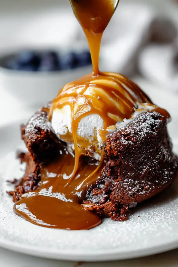 Chocolate caramel molten lava cake with ice cream and caramel drizzle
