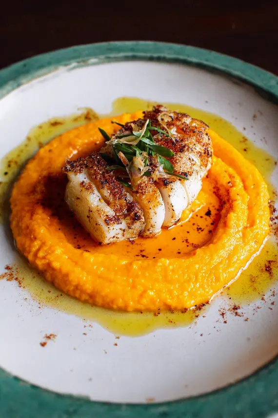 Perfectly roasted monkfish fillets served with pumpkin puree