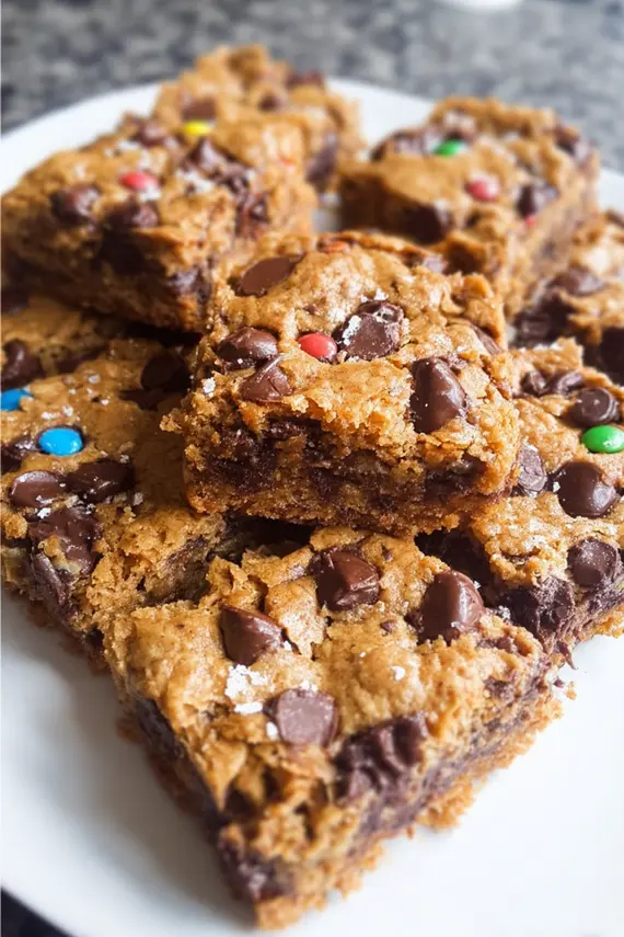 Freshly baked flourless monster cookie bars stacked on a white plate