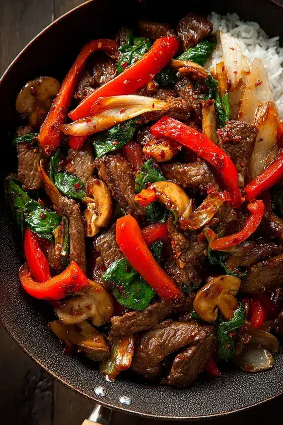 Spicy Beef Mushroom Stir Fry served over rice with garnishes