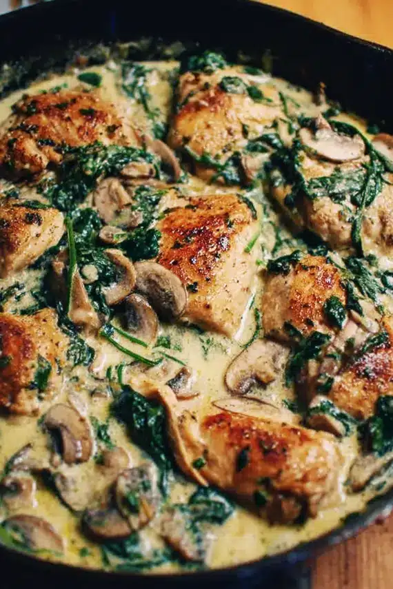 Creamy Mushroom Spinach Chicken in a skillet with golden seared chicken and vegetables in a rich sauce